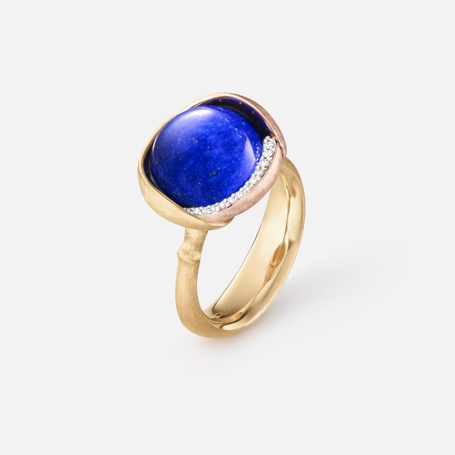 Lotus Ring 3 in Yellow & Rose Gold w Diamonds & lapis lazuli  |  Ole Lynggaard