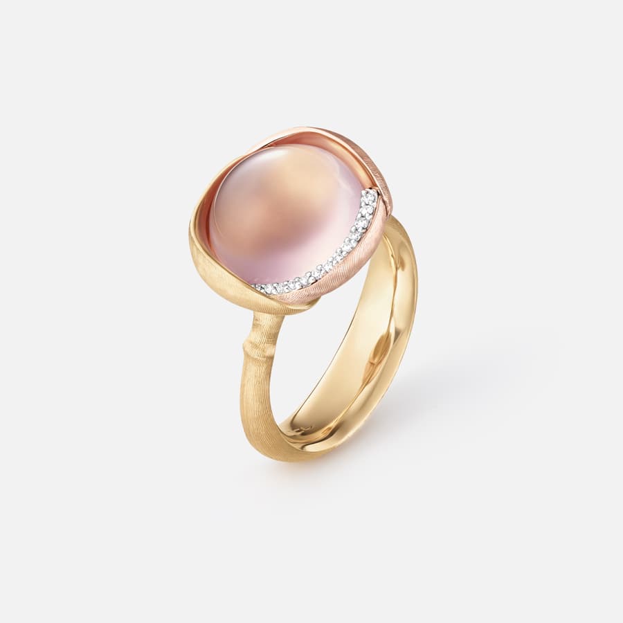 Lotus Ring 3 in Yellow & Rose Gold w Diamonds & Rose Quartz |  Ole Lynggaard