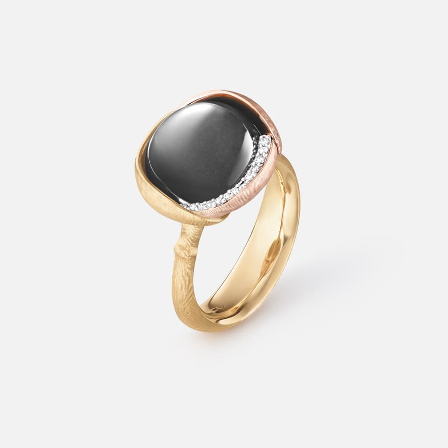 Lotus Ring 3 in Yellow & Rose Gold w Diamonds & Grey Moonstone  |  Ole Lynggaard