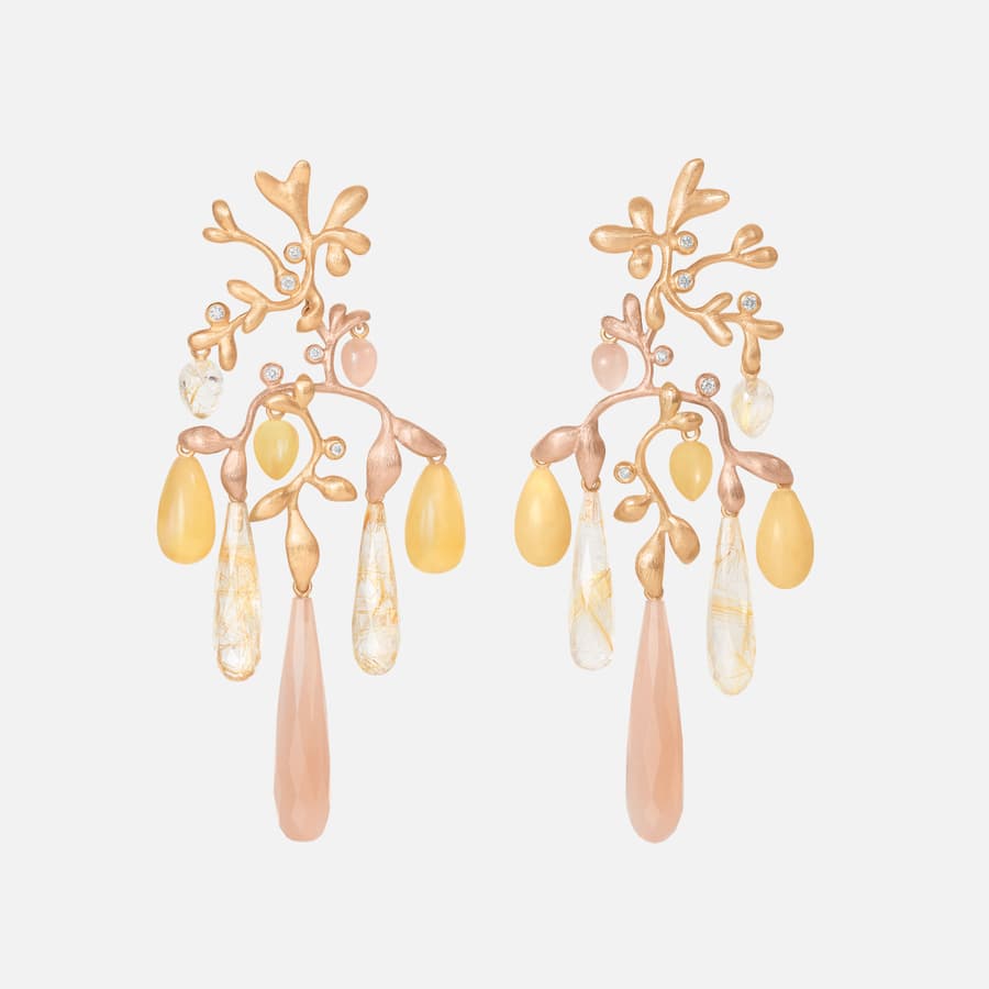 Gipsy Earrings in 18kt Gold w Diamonds, Moonstone, Amber & Quartz   |  Ole Lynggaard 