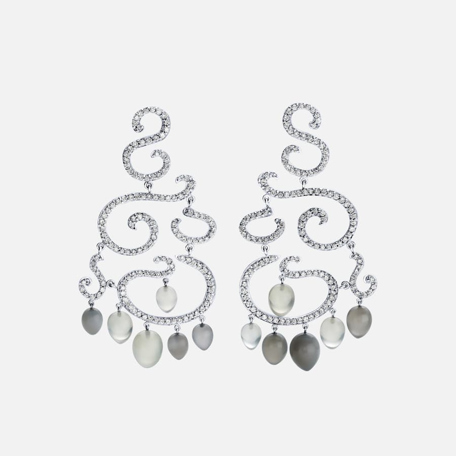 Chandelier Earrings in White Gold with Diamonds & Moonstone Drops  |  Ole Lynggaard Copenhagen 