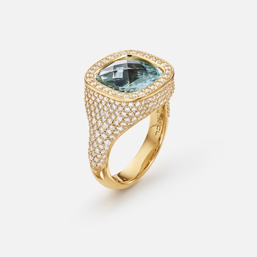 Cushion Ring in 18 Karat Yellow Gold, Diamonds & Aquamarine  |  Ole Lynggaard Copenhagen 