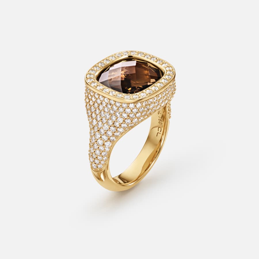 Cushion Ring in 18 Karat Yellow Gold, Diamonds & Smoky Quartz  |  Ole Lynggaard Copenhagen 