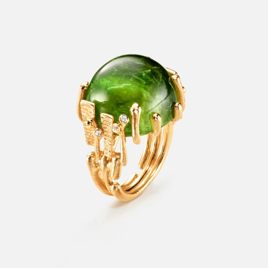 BoHo Ring Large in Gold with Green Tourmaline and Diamonds  |  Ole Lynggaard