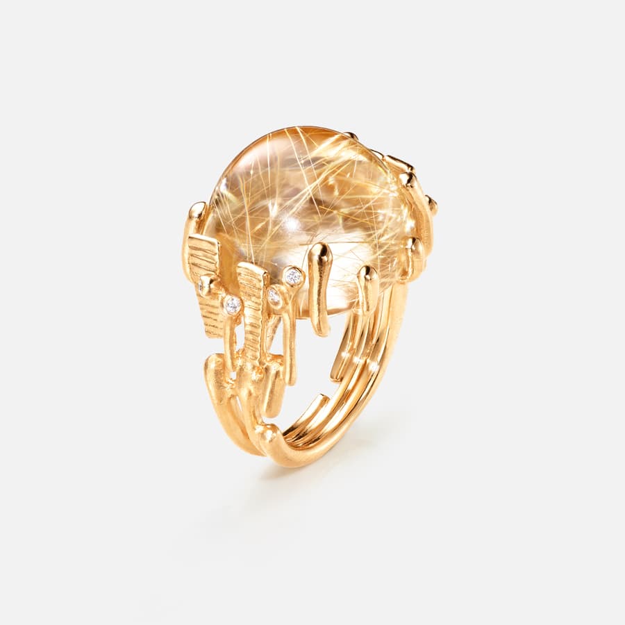 BoHo Ring Large in Gold with Rutile Quartz and Diamonds | Ole Lynggaard