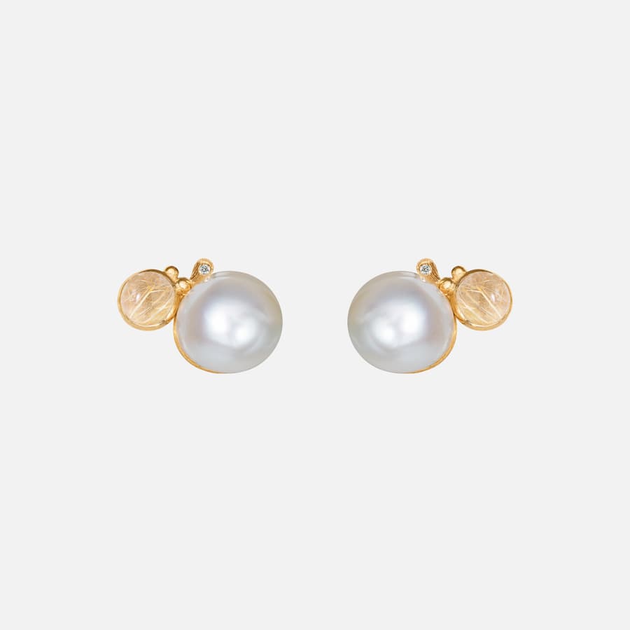 BoHo Pearl Stud Earrings in Gold with Rutile Quartz and Diamonds  |  Ole Lynggaard