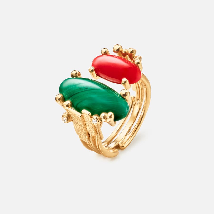 BoHo Ring Double in Gold with Malachite, Coral, and Diamonds | Ole Lynggaard