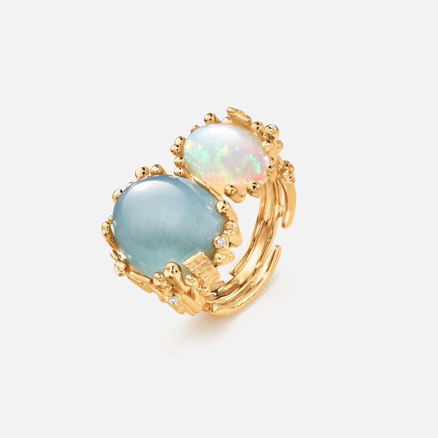 BoHo Ring Double in Gold with Aquamarine, Opal, and Diamonds | Ole Lynggaard
