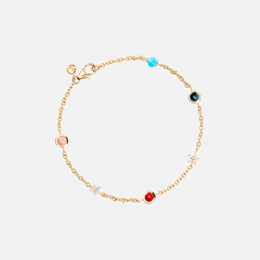 Shooting Stars 18K Gold Bracelet with Diamonds, Blush Moonstone, Turquoise, Blue Topaz, & Coral