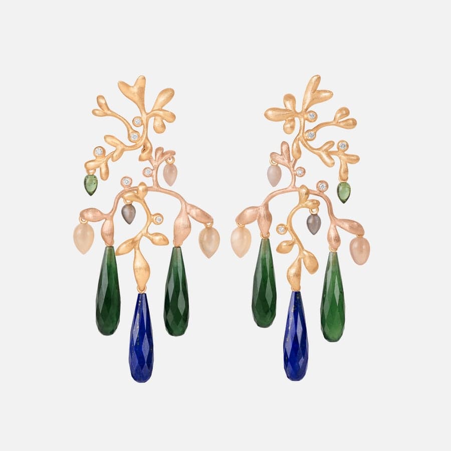 Gipsy earrings in yellow gold and rose gold with lapis lazuli, serpentines, blush moonstones, grey moonstones, green tourmalines, and diamonds | Ole Lynggaard