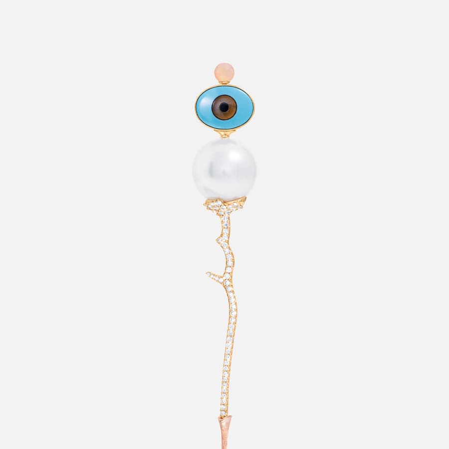Nature Brooch in 18k Gold with Evil Eye, Blush moonstone and Diamonds | Ole Lynggaard	