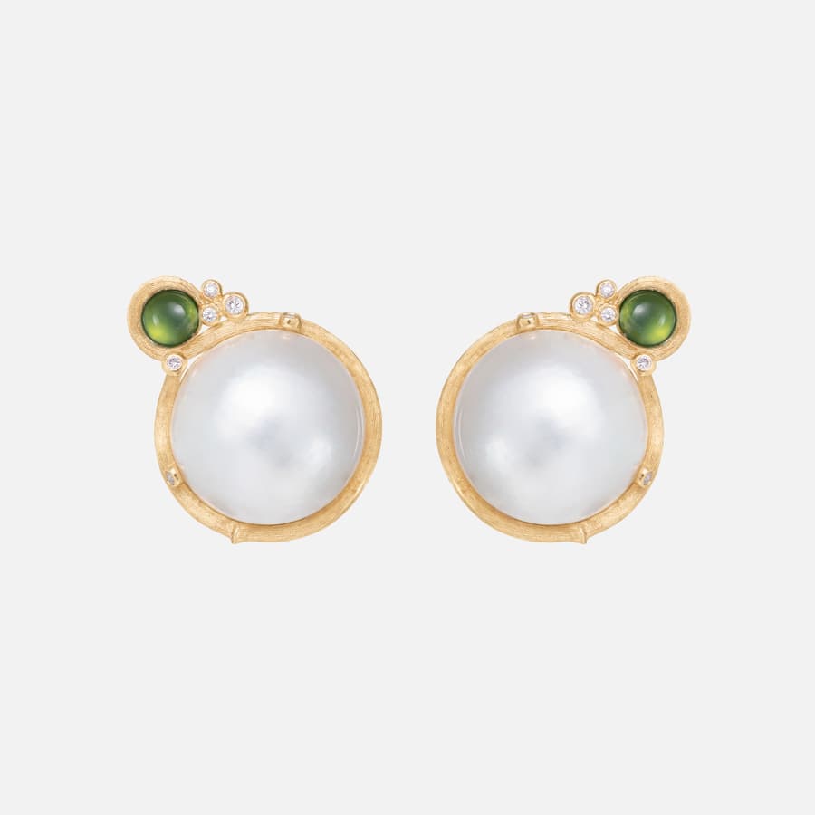 BoHo Mabe Pearl Ear Clips in Gold with Tourmaline and Diamonds  |  Ole Lynggaard