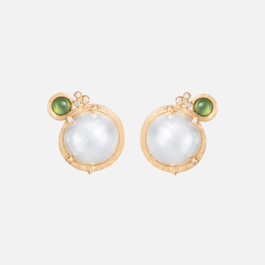 BoHo Mabe Pearl Ear Clips in Gold with Tourmaline and Diamonds  |  Ole Lynggaard
