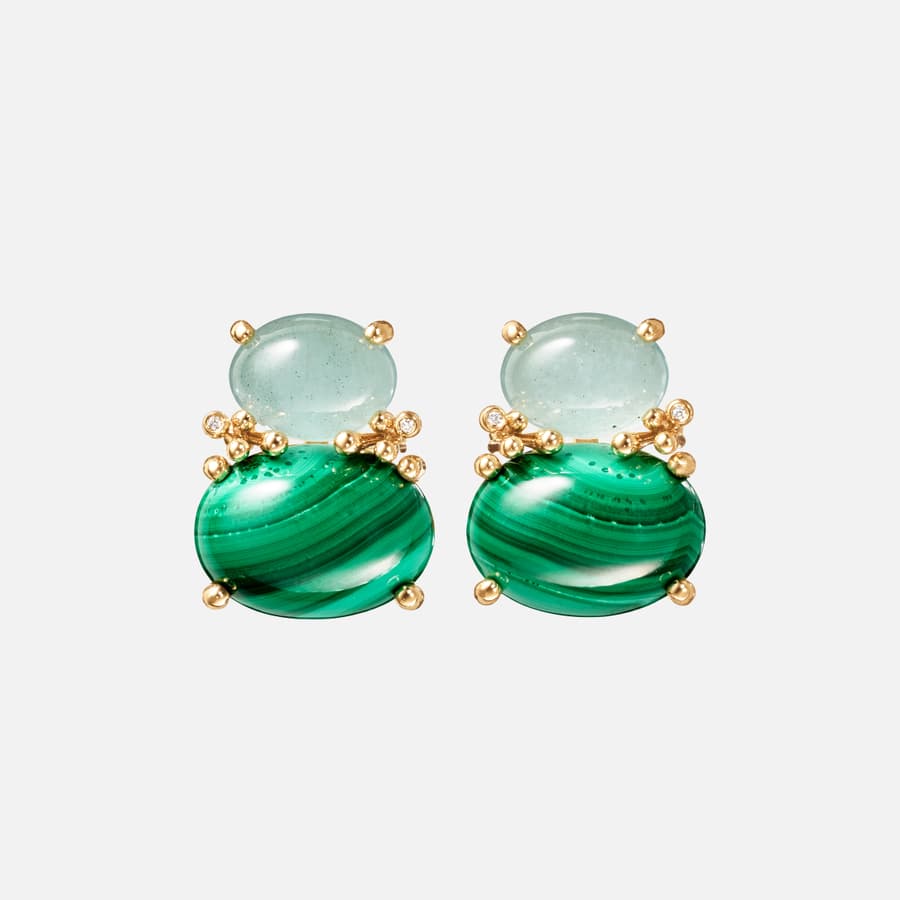 BoHo stud earrings in yellow gold with aquamarines, malachites, and diamonds | Ole Lynggaard