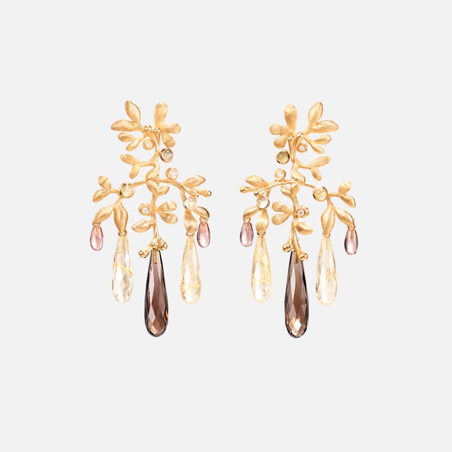 Gipsy earrings medium in yellow gold with smoky quartz, rutile quartz, brown peach tourmalines, rose quartz, grey moonstones, and brilliant-cut diamonds | Ole Lynggaard