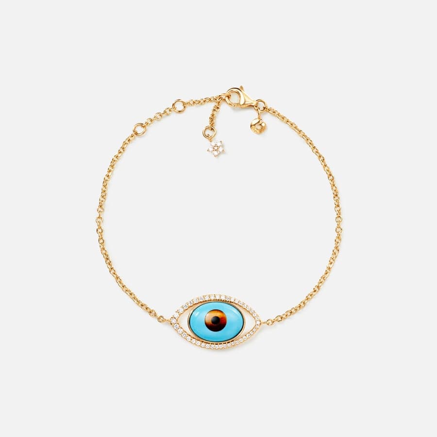 Evil Eye bracelet in yellow gold, tiger’s eye, turquoise, onyx, and diamonds | Ole Lynggaard